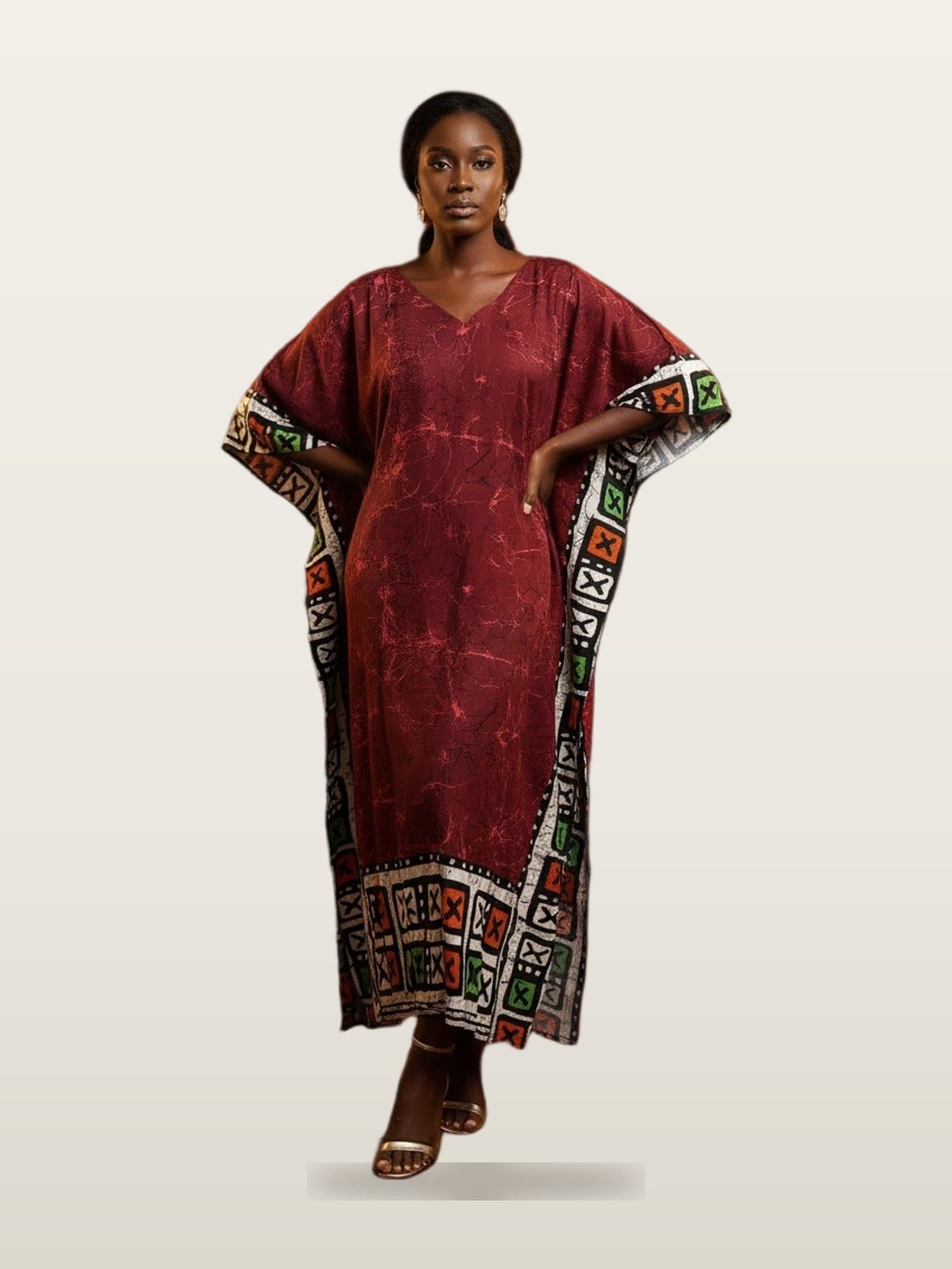 Burgundy Print Kaftan Gown