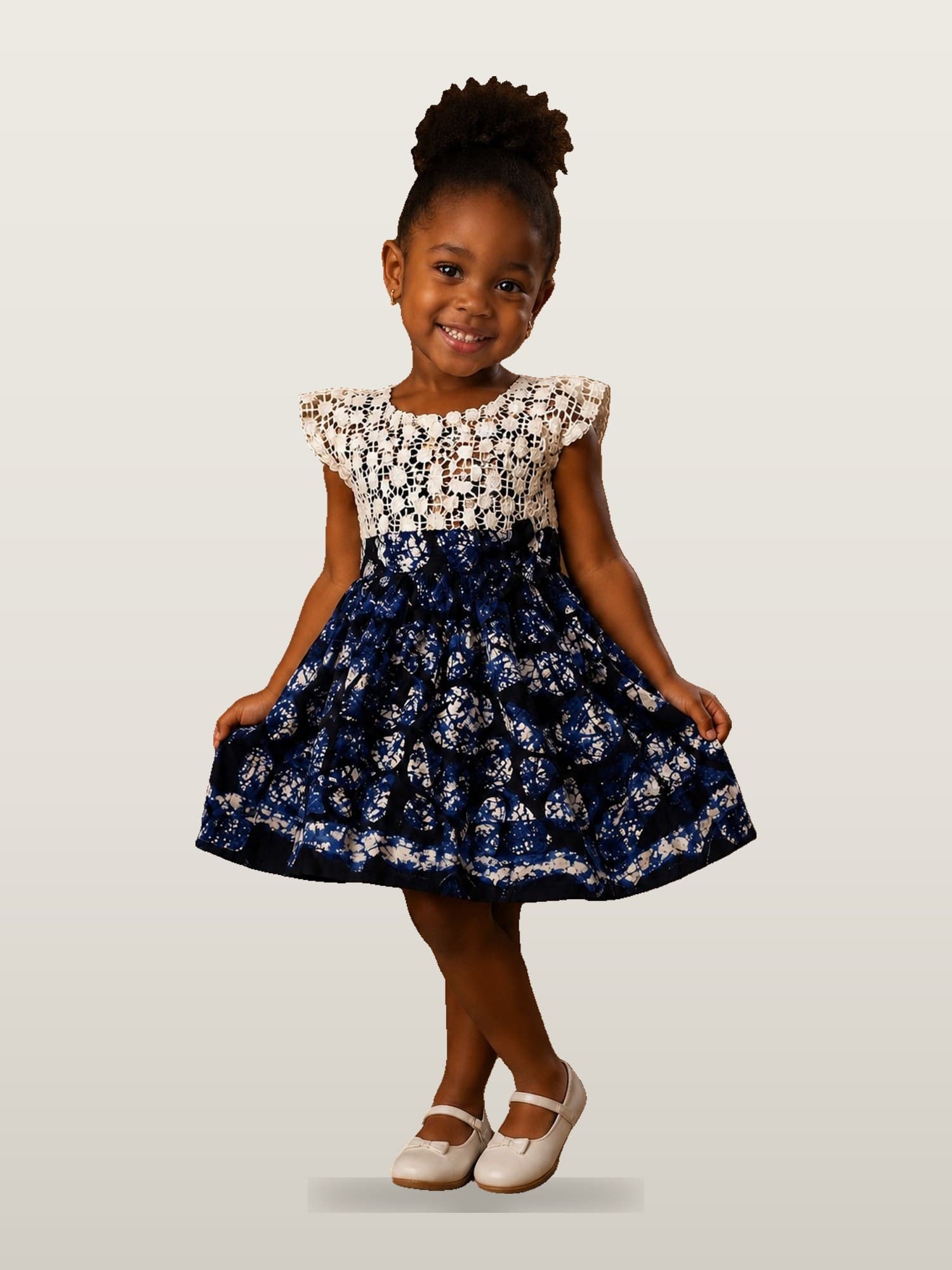 Girls’ White Lace & Navy Ankara Dress