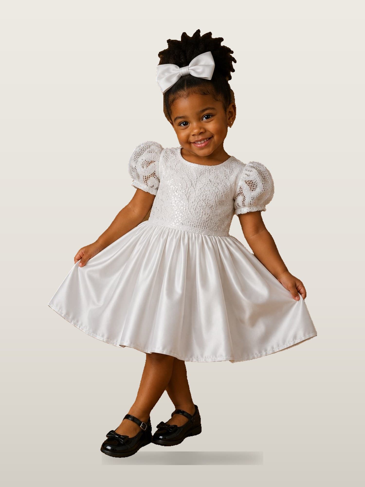 Girls’ White Satin Bow Dress