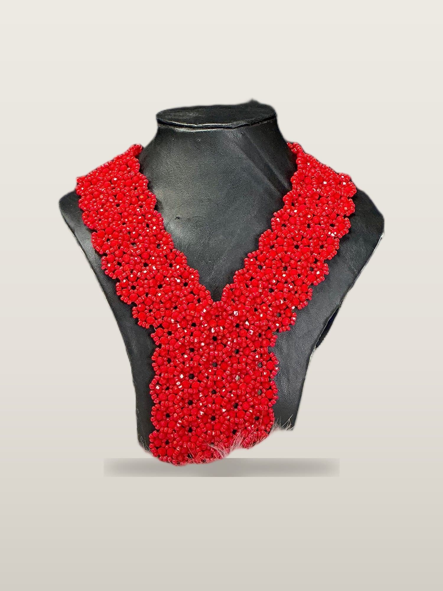 Handcrafted African Red V-Collar Bead Set  with Necklace and Bangles