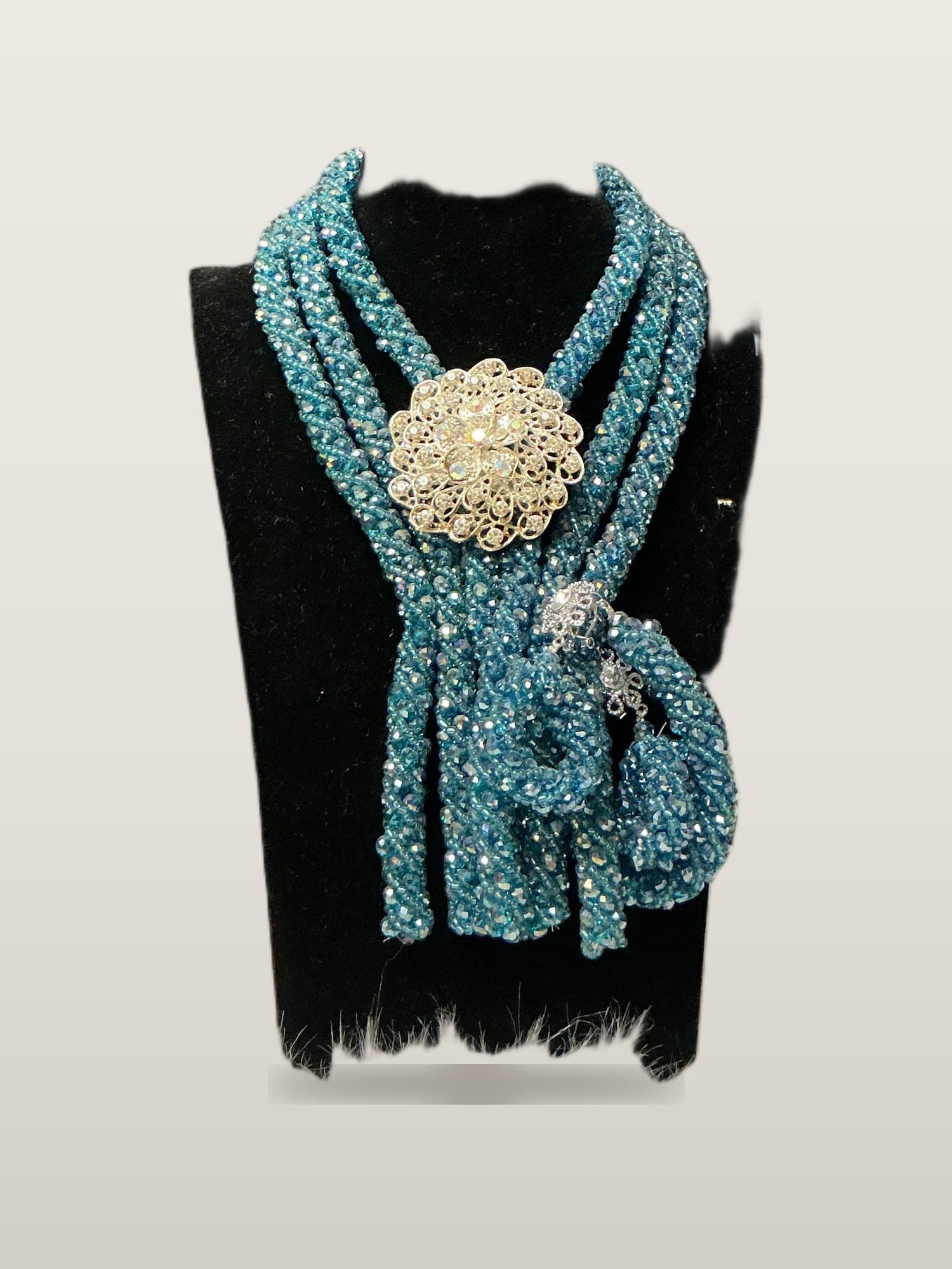 Handcrafted African  Teal Crystal Rope African Bead Necklace Set with necklace and bangles