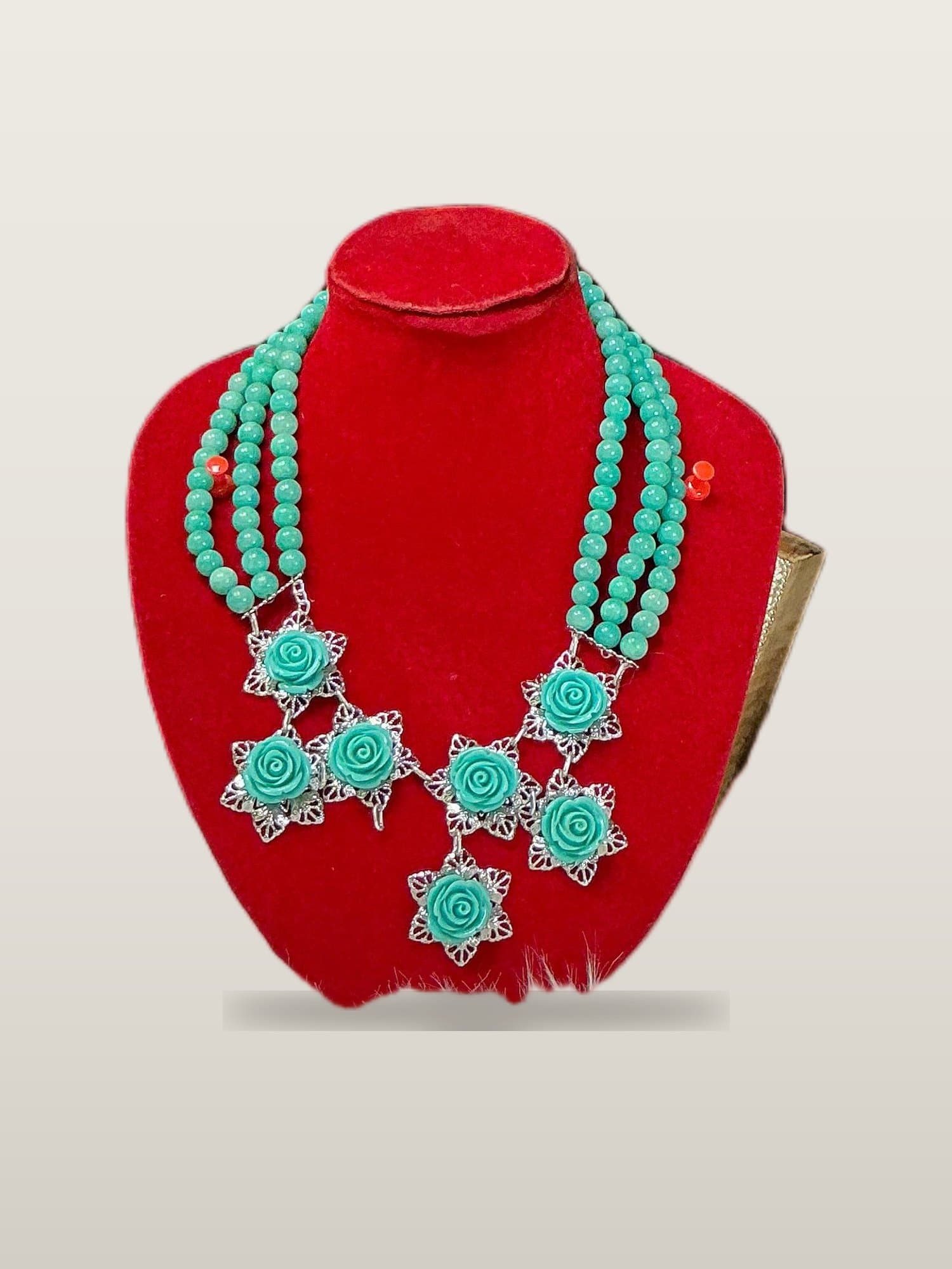 Handcrafted African Turquoise Rose Cluster Bead Set  with Necklace and Bangles
