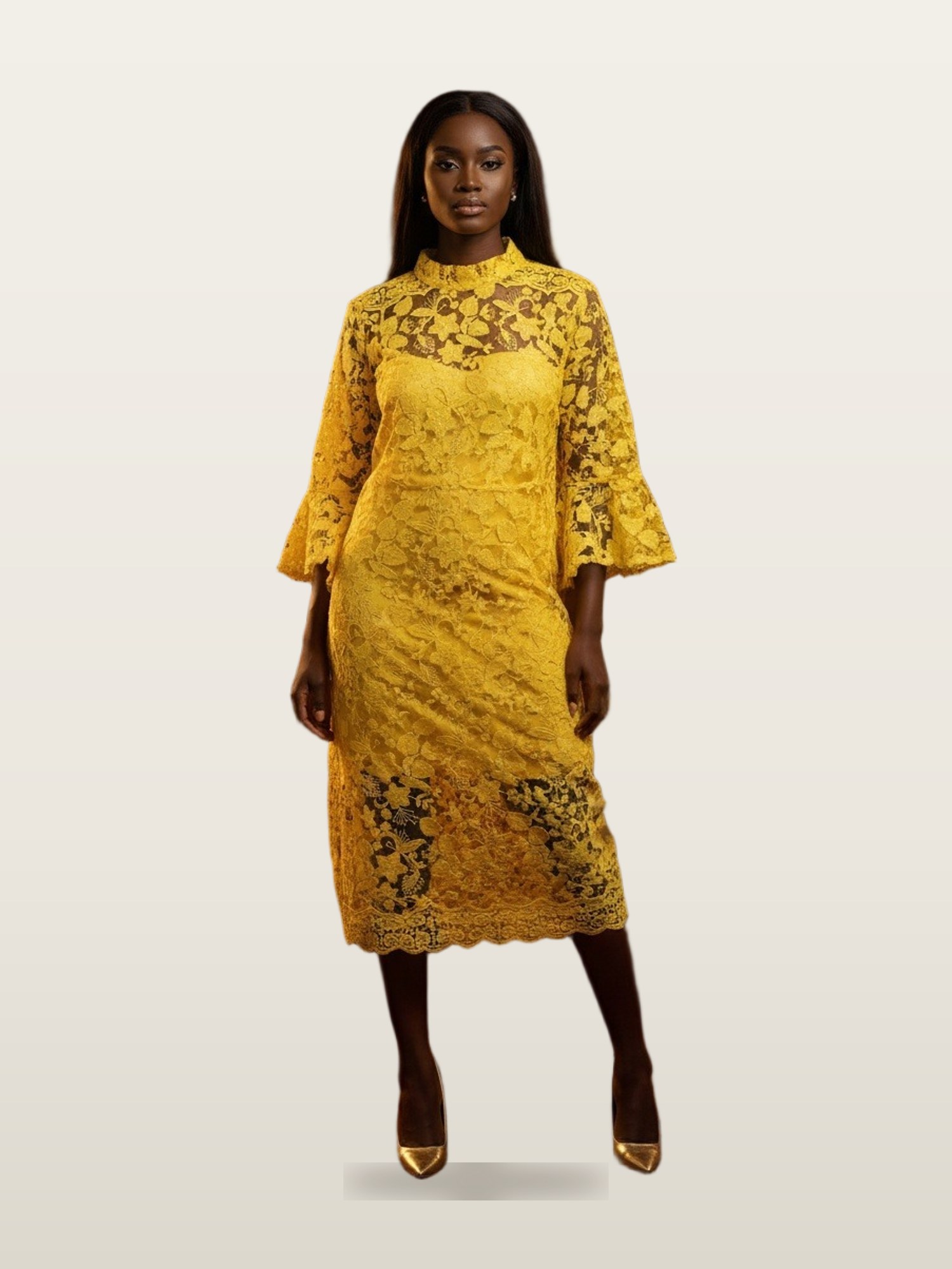 Yellow Lace Bell-Sleeve Dress