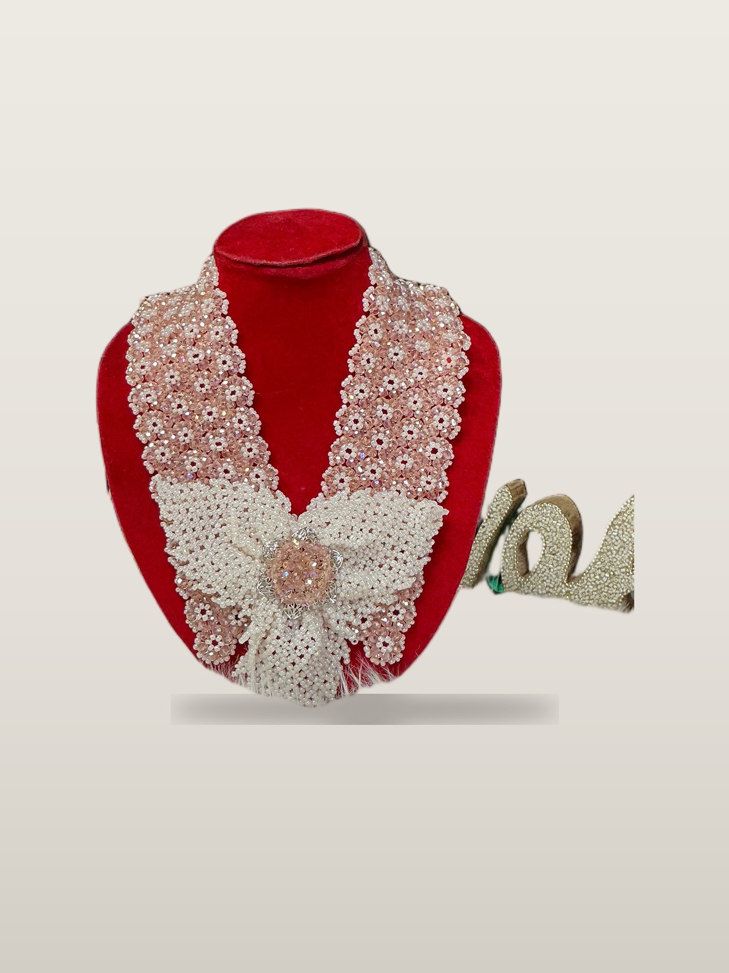 Handcrafted African  Blush Bow Lace Bead Set with necklace and bangles