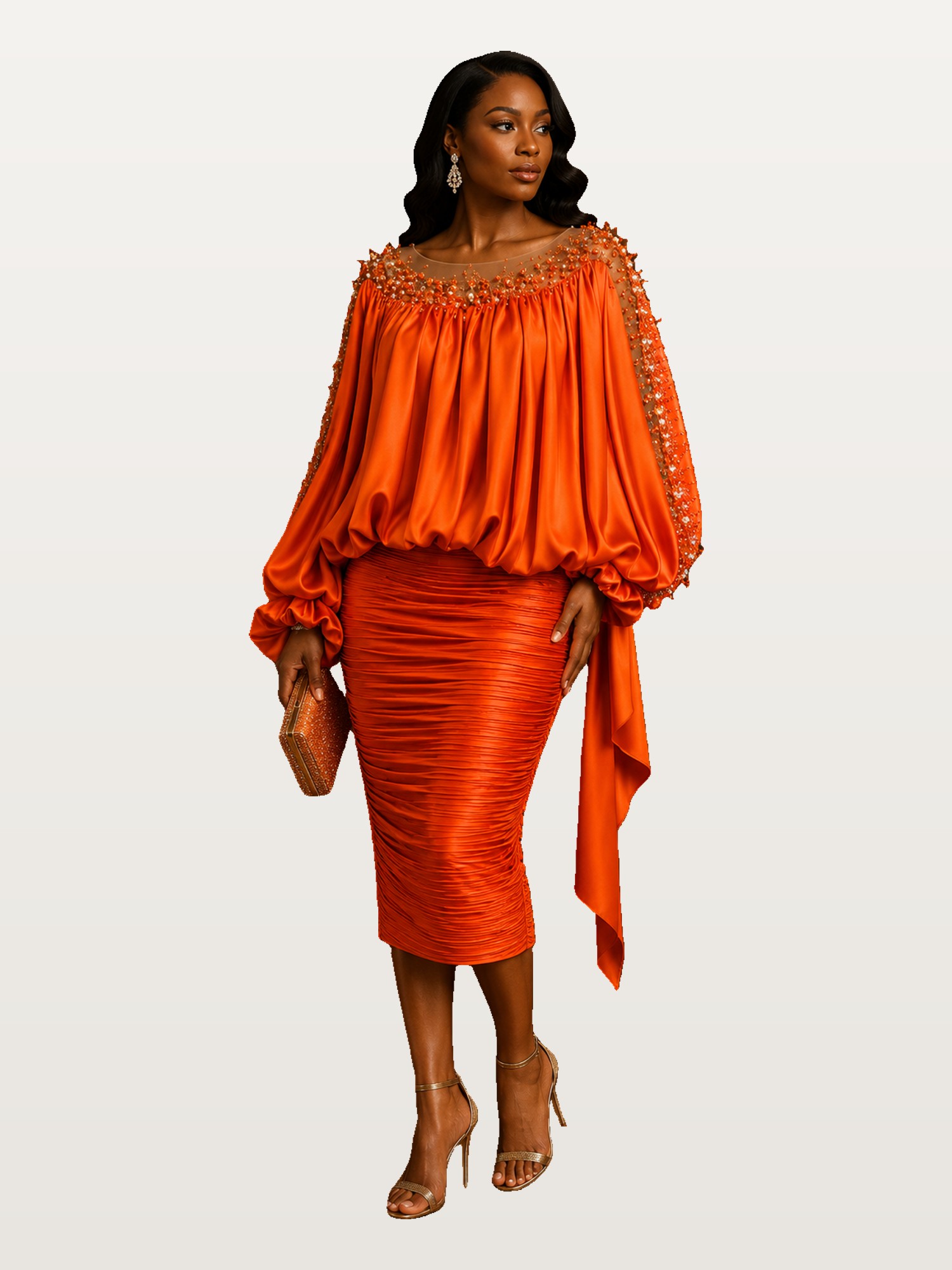 Orange Off-Shoulder Draped Gown