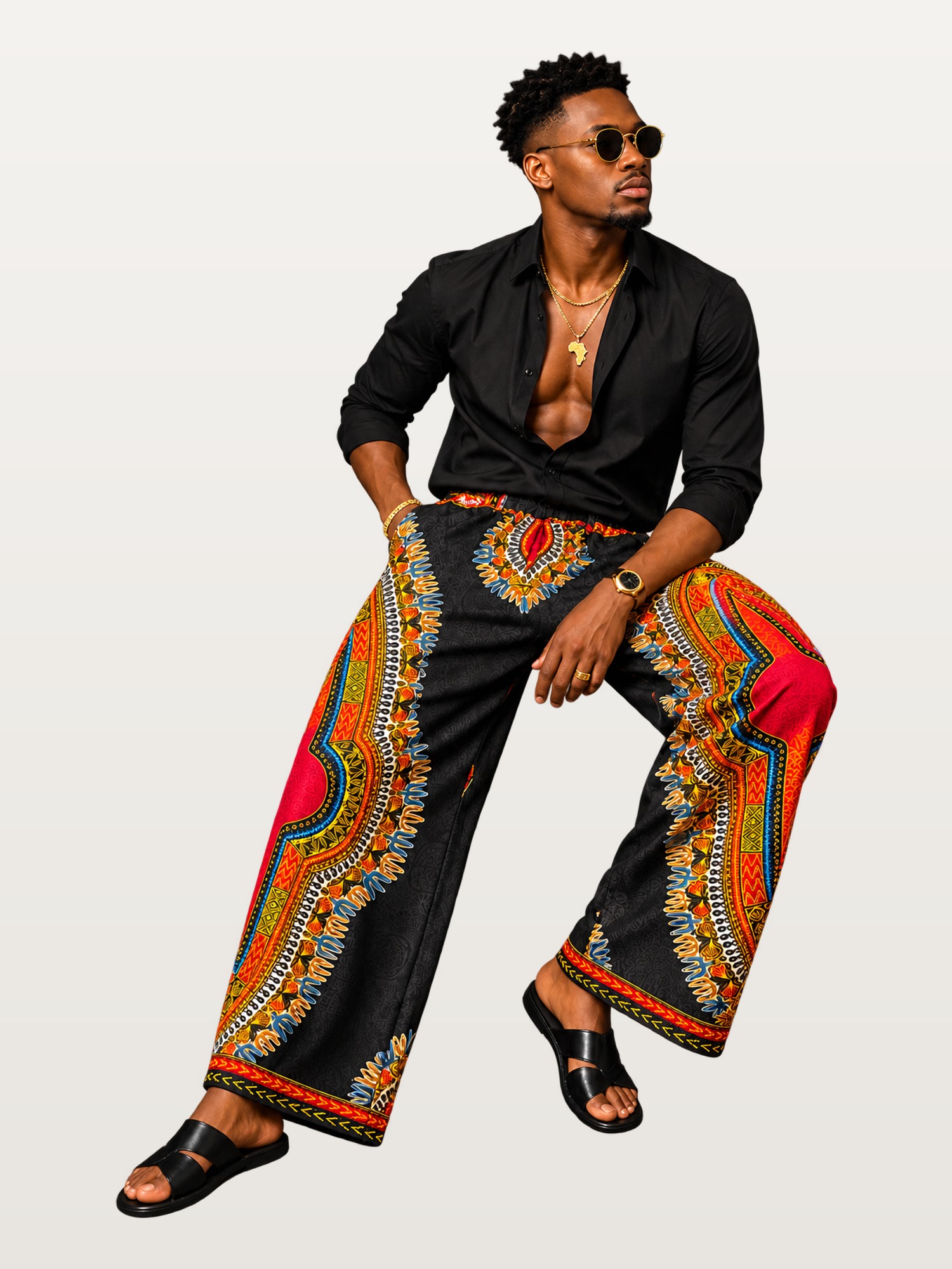 Black Dashiki Top & Red Print Trousers