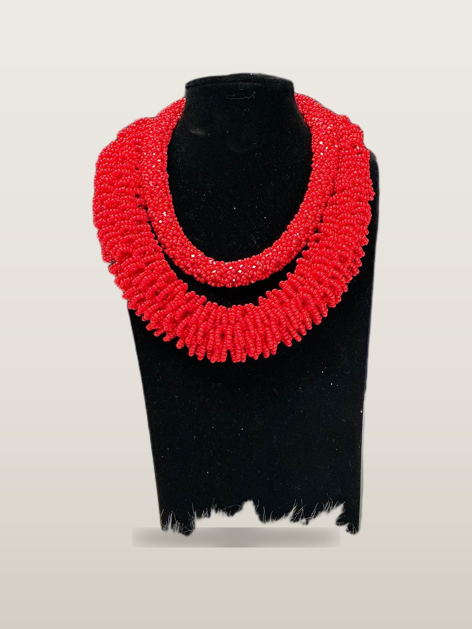 Handcrafted African Red Layered Coral-Style Bead Necklace Set  with Necklace and Bangles